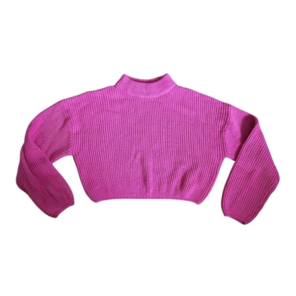 H&M Divided Hot Pink Cropped Mock Neck Ribbed Knit Sweater Medium‎ 109